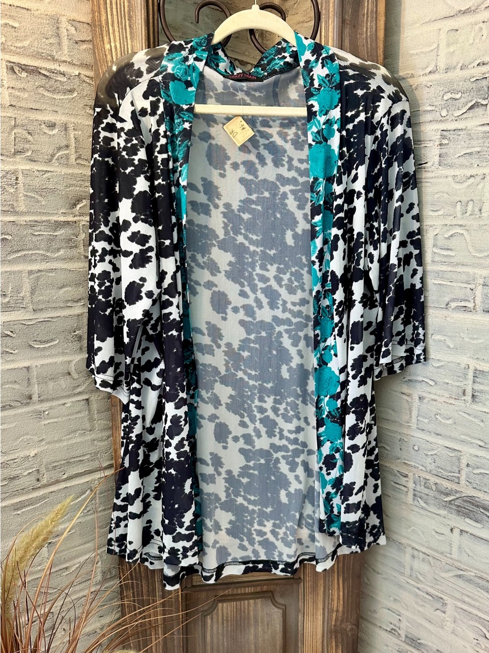 Crazy Train Black & White Animal Print Open Kimono with Teal Trim